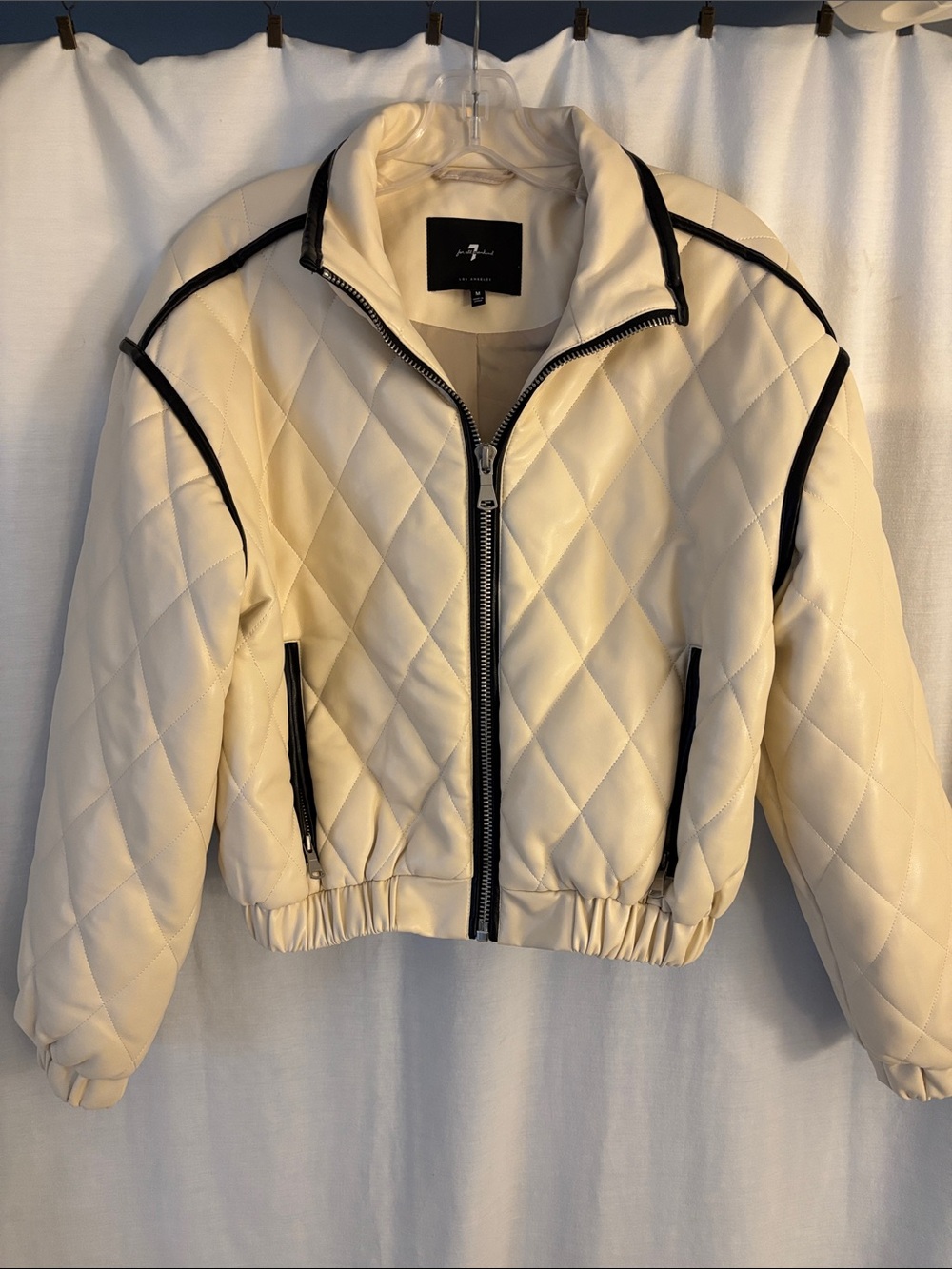 7 For All Mankind Cream Quilted Jacket with Black Trim